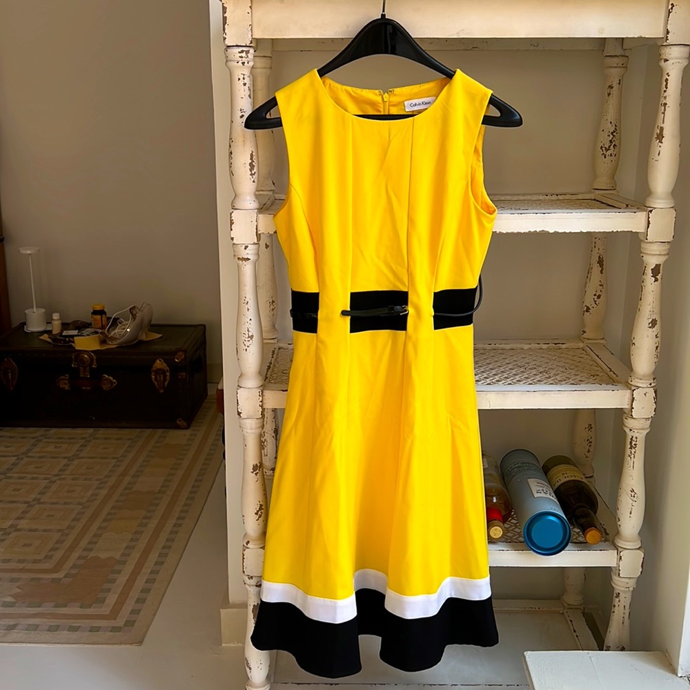 Calvin klien yellow aline dress with belted waist